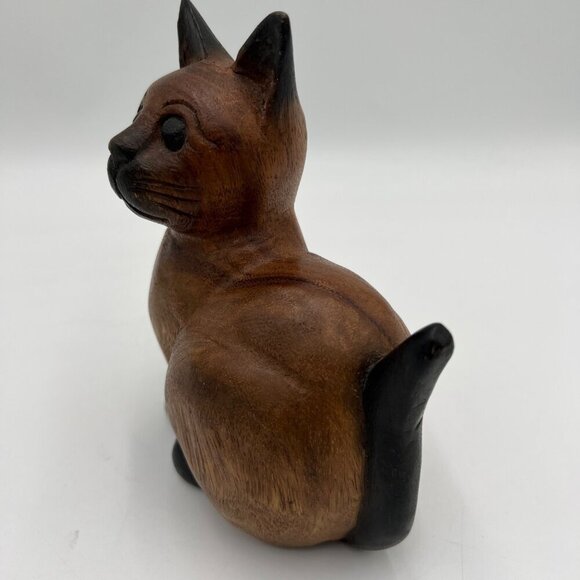 Siamese wood wooden carved cat kitten tail up sitting folk art handmade - Picture 3 of 12